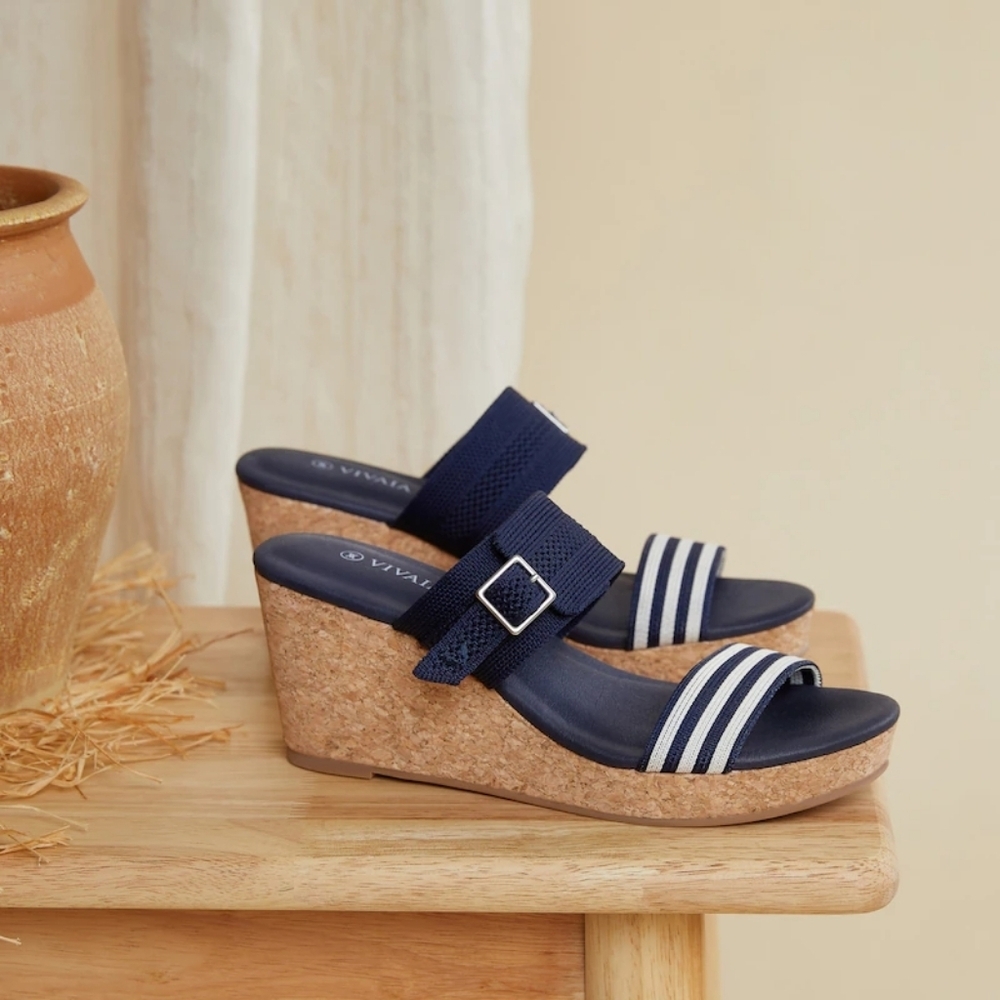 Vivaia Sammy 39 Adjustable Strap Cork Wedge Sandals Navy Sz 8/8.5 SH446